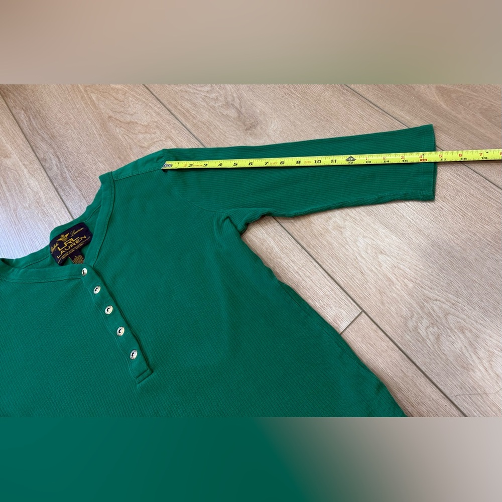 Lauren Ralph Lauren Green Ribbed Henley Top Gold Snap Buttons Size L - Picture 8 of 8
